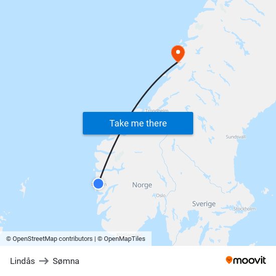 Lindås to Sømna map