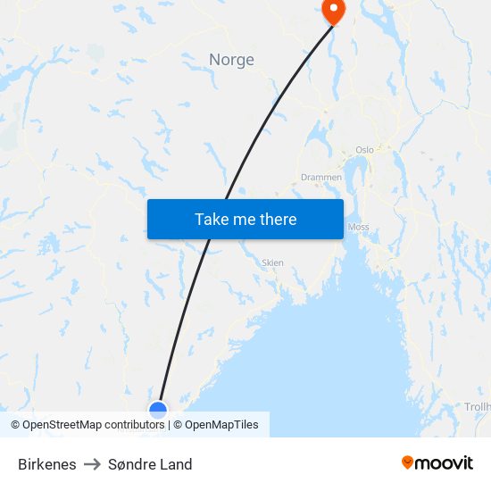 Birkenes to Søndre Land map