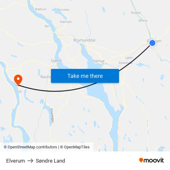 Elverum to Søndre Land map