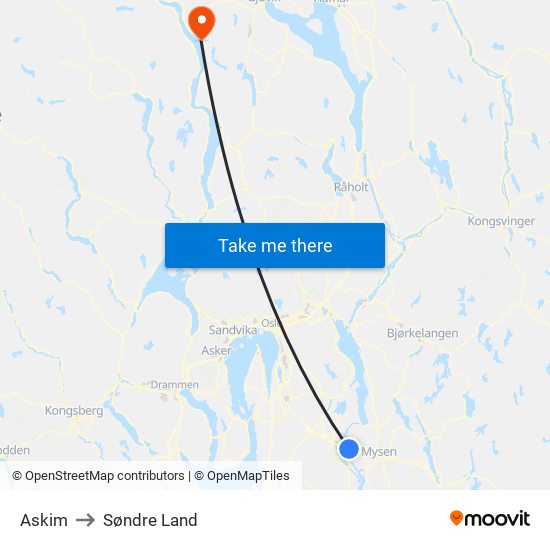 Askim to Søndre Land map