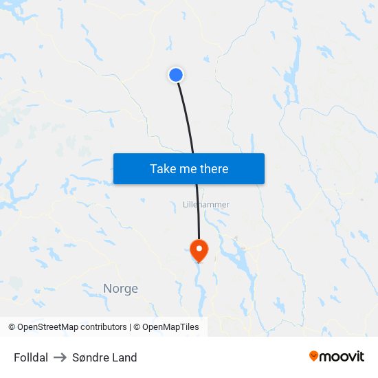 Folldal to Søndre Land map