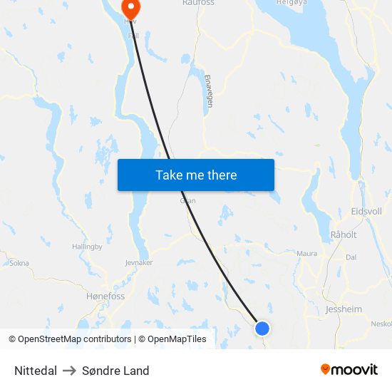 Nittedal to Søndre Land map