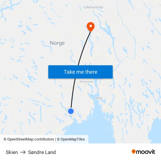 Skien to Søndre Land map