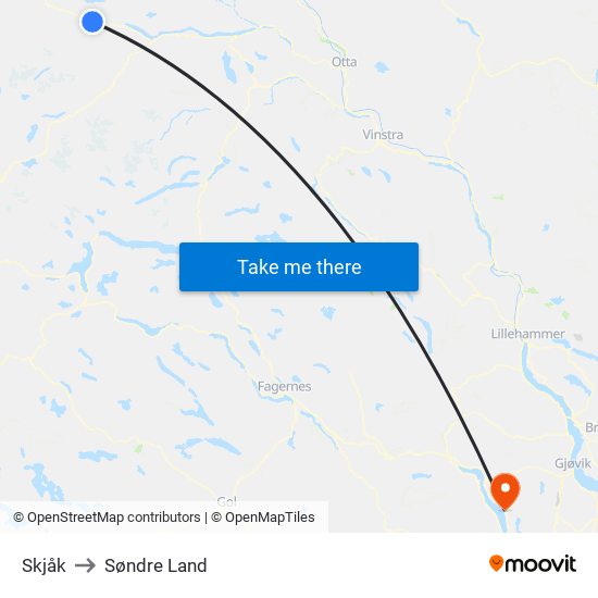 Skjåk to Søndre Land map