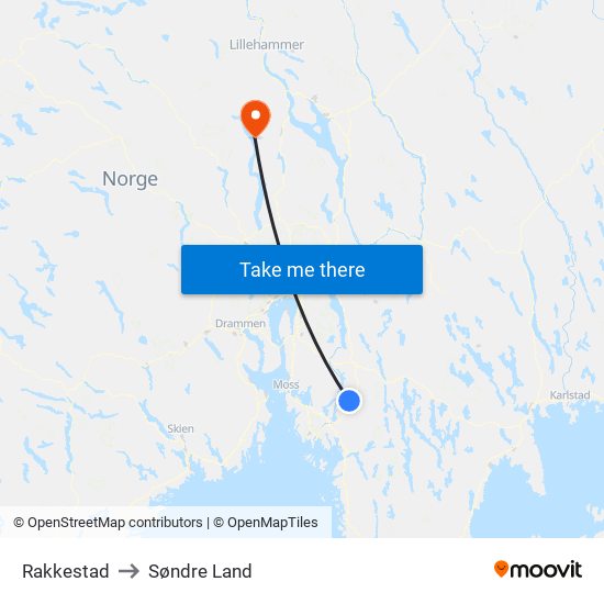 Rakkestad to Søndre Land map