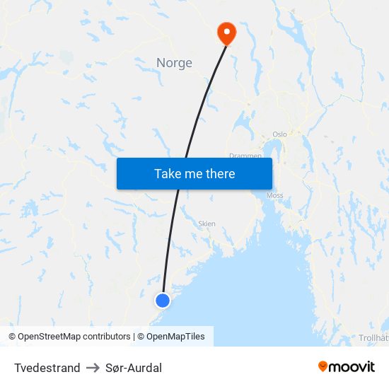 Tvedestrand to Sør-Aurdal map