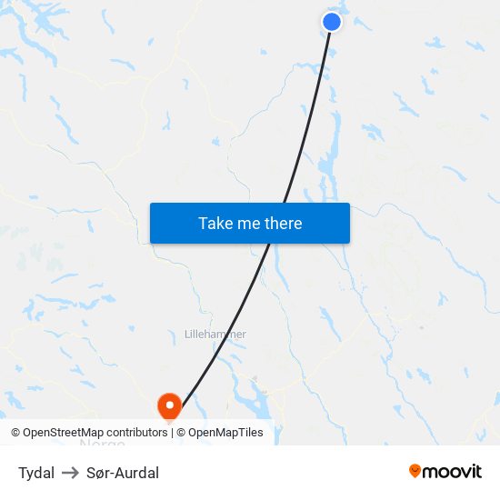 Tydal to Sør-Aurdal map