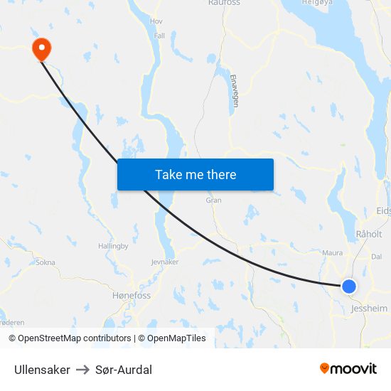 Ullensaker to Sør-Aurdal map