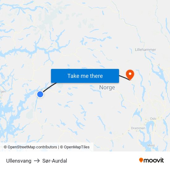 Ullensvang to Sør-Aurdal map