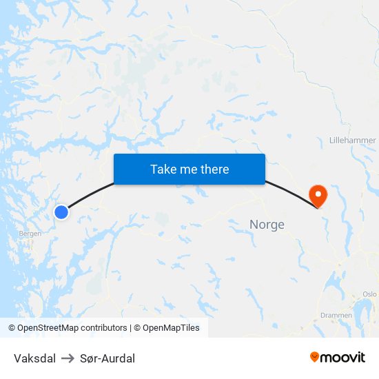 Vaksdal to Sør-Aurdal map