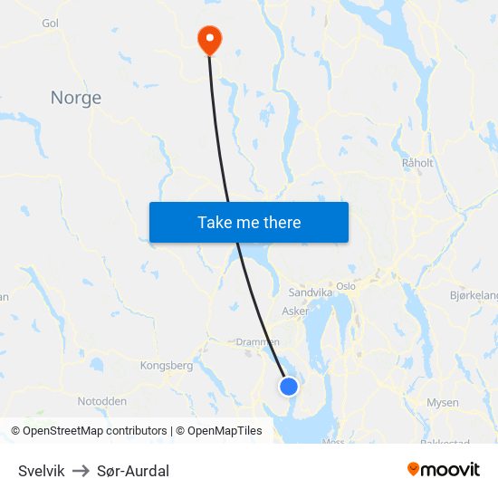 Svelvik to Sør-Aurdal map