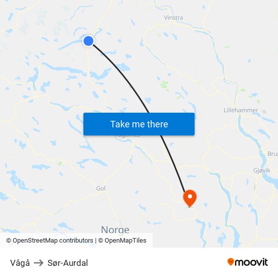 Vågå to Sør-Aurdal map