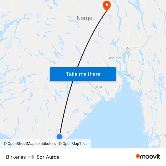 Birkenes to Sør-Aurdal map