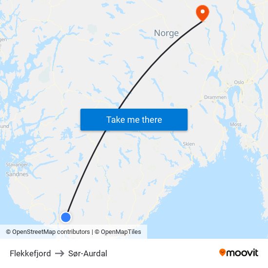 Flekkefjord to Sør-Aurdal map