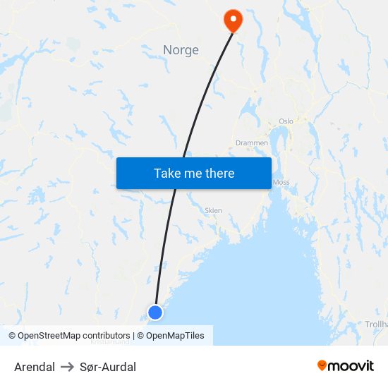 Arendal to Sør-Aurdal map