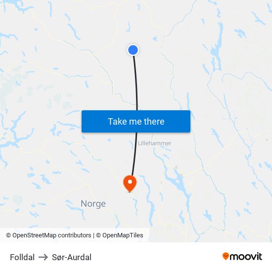 Folldal to Sør-Aurdal map