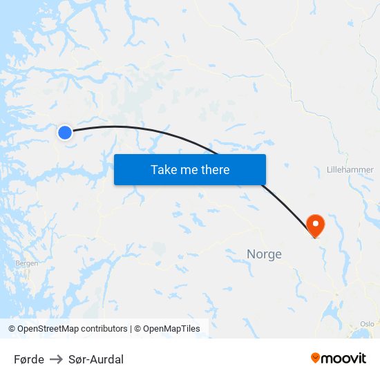 Førde to Sør-Aurdal map