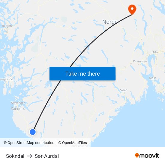 Sokndal to Sør-Aurdal map