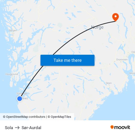 Sola to Sør-Aurdal map