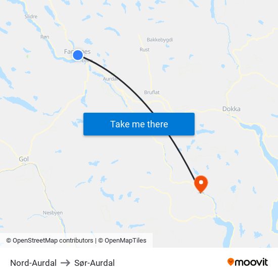 Nord-Aurdal to Sør-Aurdal map