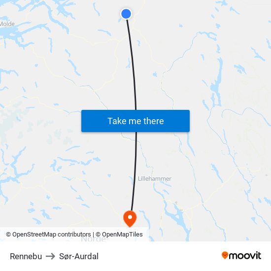 Rennebu to Sør-Aurdal map