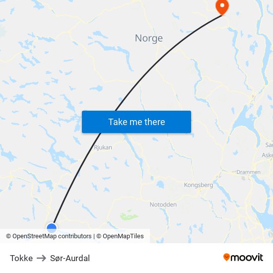 Tokke to Sør-Aurdal map