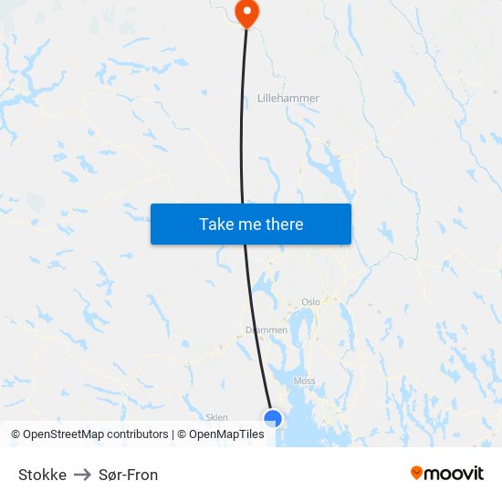 Stokke to Sør-Fron map