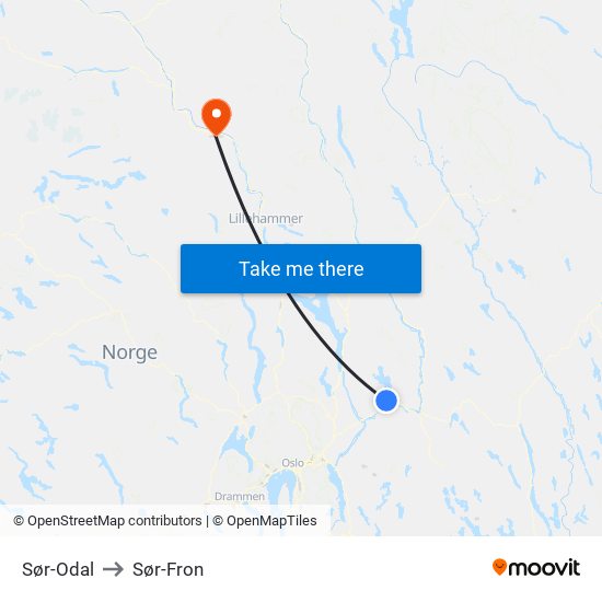 Sør-Odal to Sør-Fron map