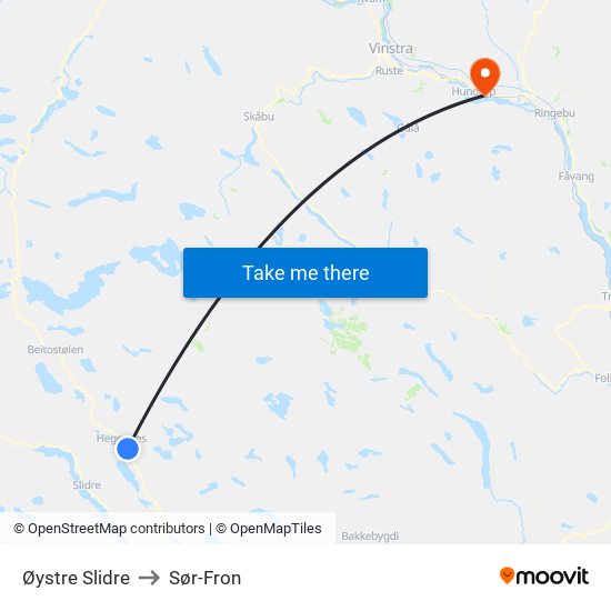 Øystre Slidre to Sør-Fron map