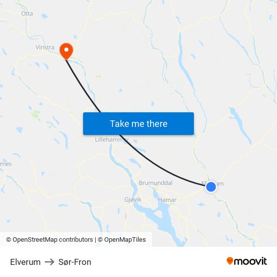 Elverum to Sør-Fron map