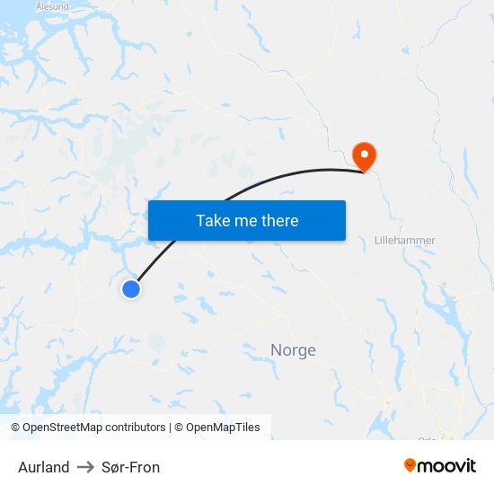 Aurland to Sør-Fron map