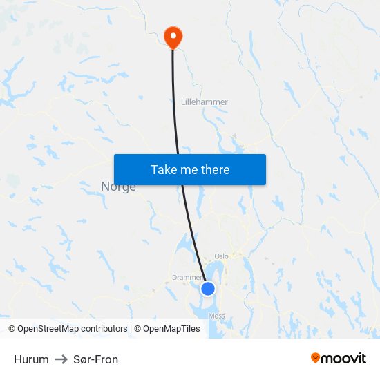 Hurum to Sør-Fron map