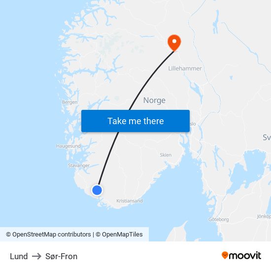 Lund to Sør-Fron map
