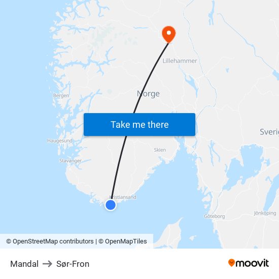 Mandal to Sør-Fron map