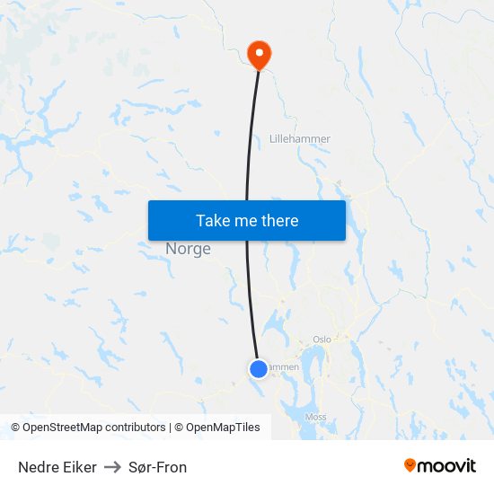 Nedre Eiker to Sør-Fron map