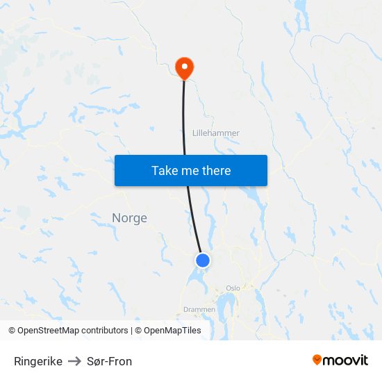 Ringerike to Sør-Fron map