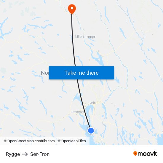 Rygge to Sør-Fron map