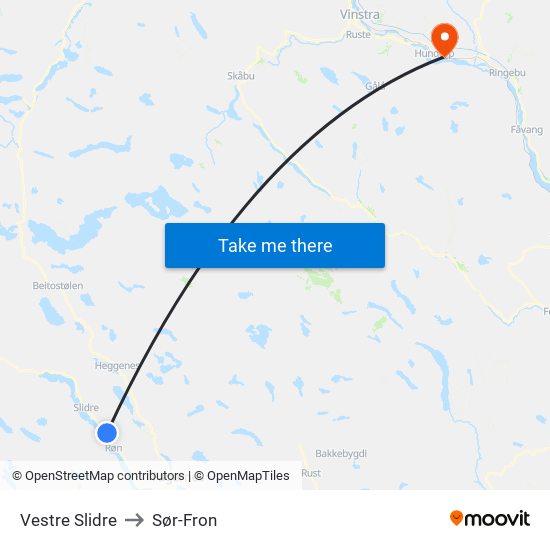 Vestre Slidre to Sør-Fron map