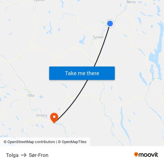 Tolga to Sør-Fron map