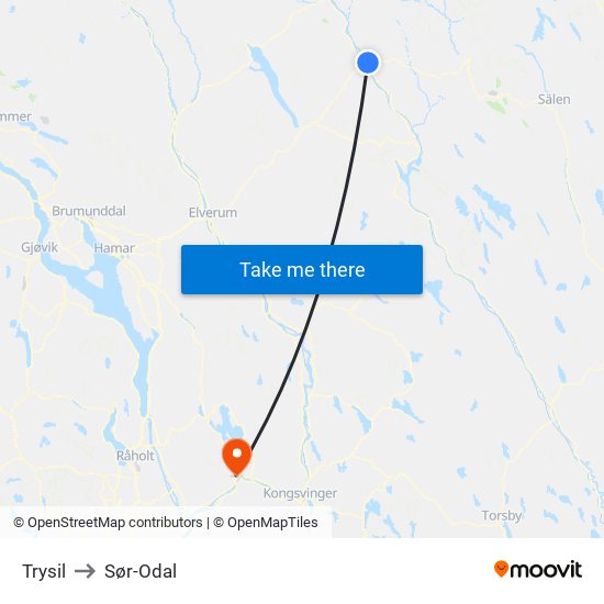 Trysil to Sør-Odal map