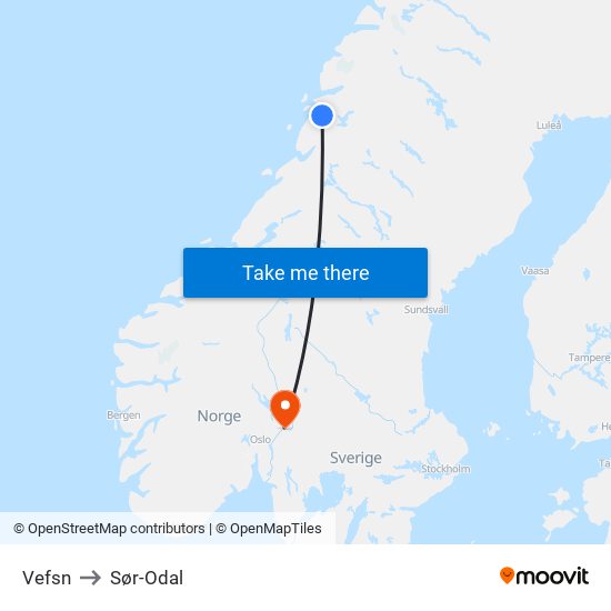 Vefsn to Sør-Odal map