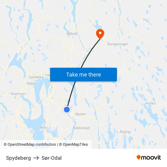 Spydeberg to Sør-Odal map