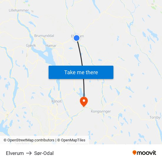 Elverum to Sør-Odal map