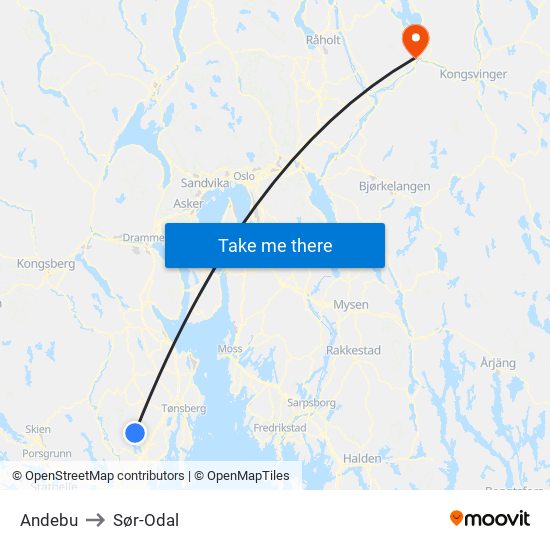 Andebu to Sør-Odal map