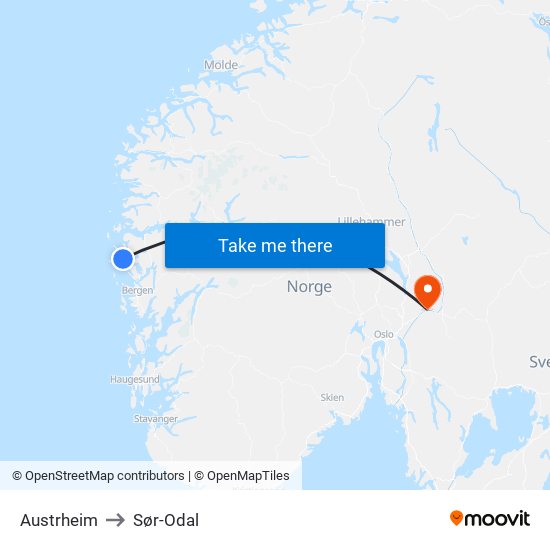 Austrheim to Sør-Odal map