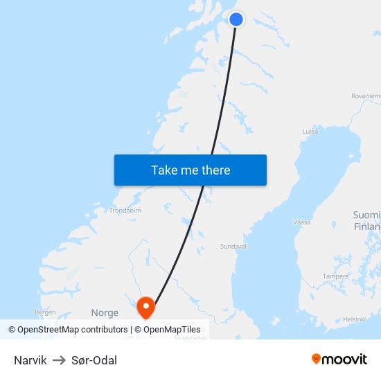 Narvik to Sør-Odal map