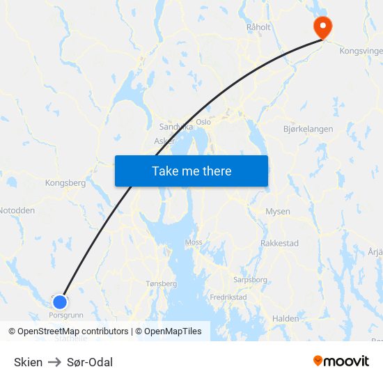 Skien to Sør-Odal map