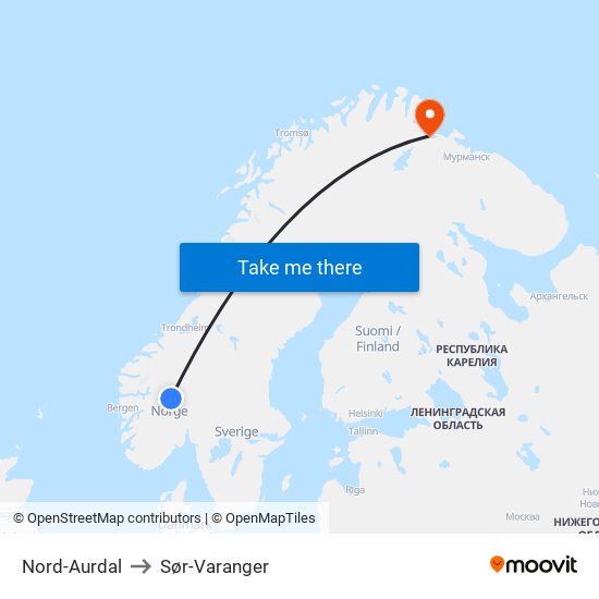 Nord-Aurdal to Sør-Varanger map