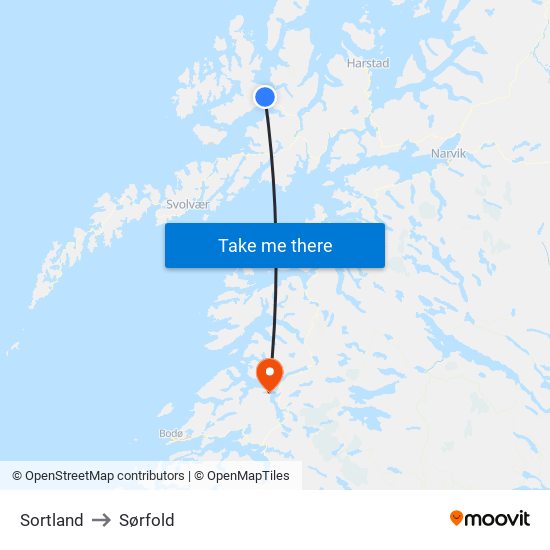 Sortland to Sørfold map
