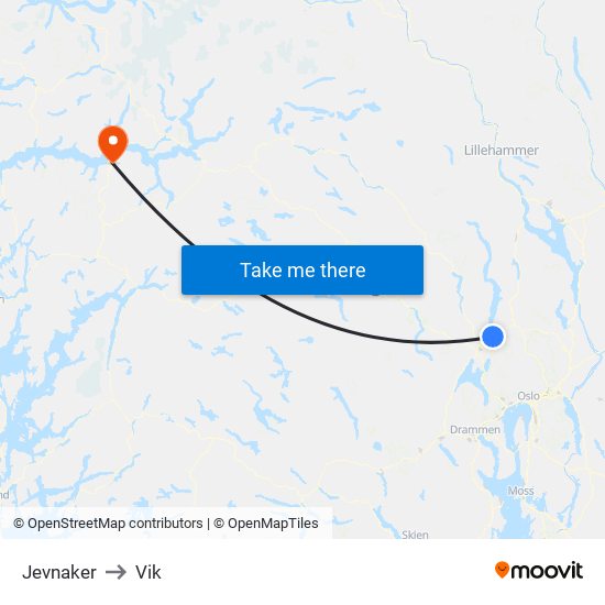 Jevnaker to Vik map